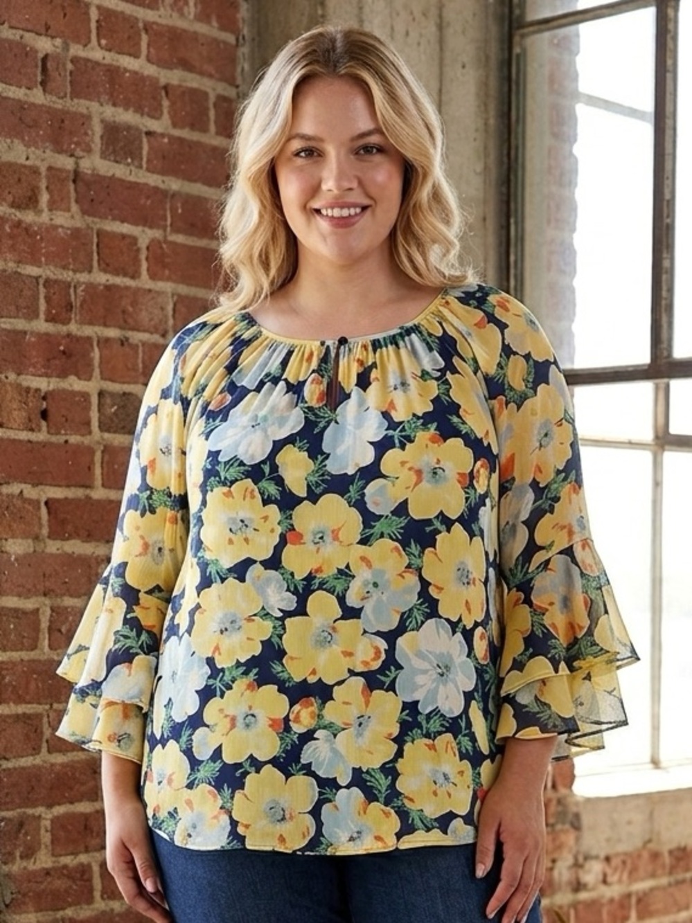 CHAPS Navy Yellow Floral Georgette Ruffle Bell Sleeve Peasant Blouse Top 3X